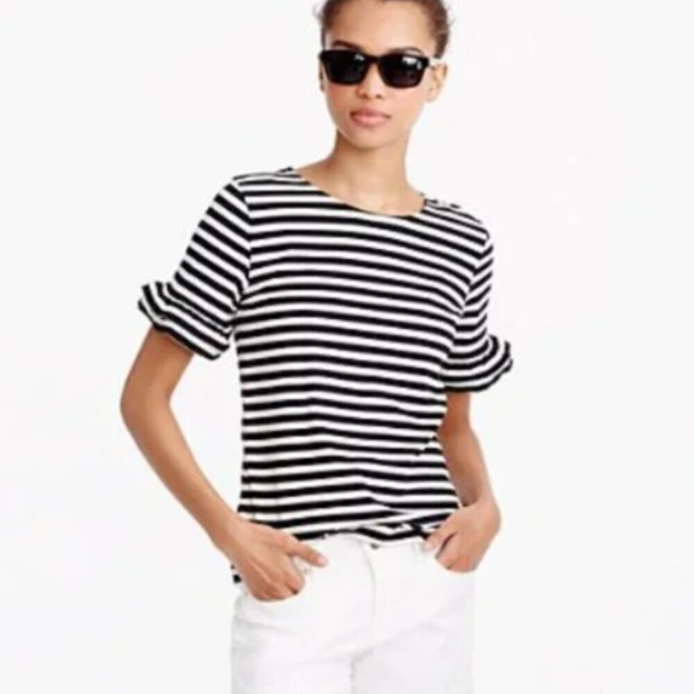 J Crew Womens Striped Top Ruffled Bell Sleeves Size L Cream Navy Blue Cotton